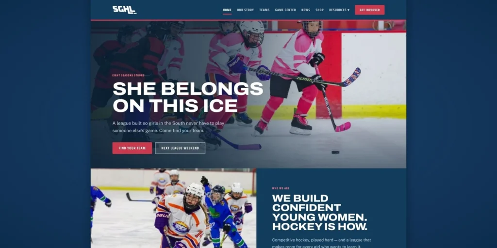 The homepage of the new SGHL website: She belongs on this ice, with Find your team and Next league weekend buttons.